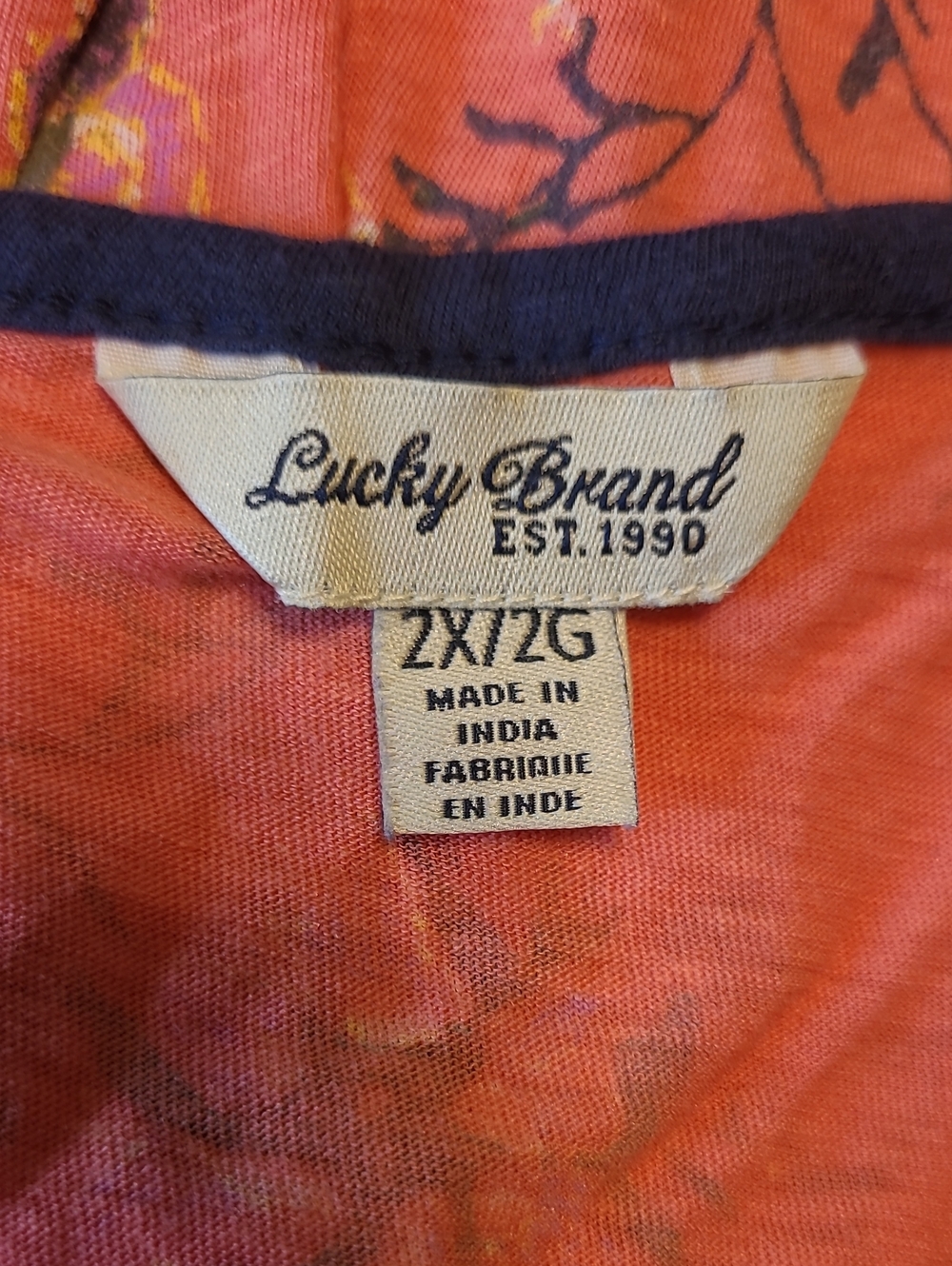 Lucky Brand Orange Floral Boho Tunic with Navy Trim. Size 2X. - Picture 6 of 7